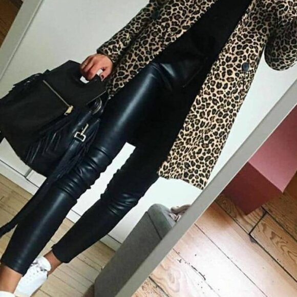 🔥🐾🔥Beautiful Coffee Black Animal Print Coat Jacket Cardigan Faux Leather Trim - Picture 4 of 12